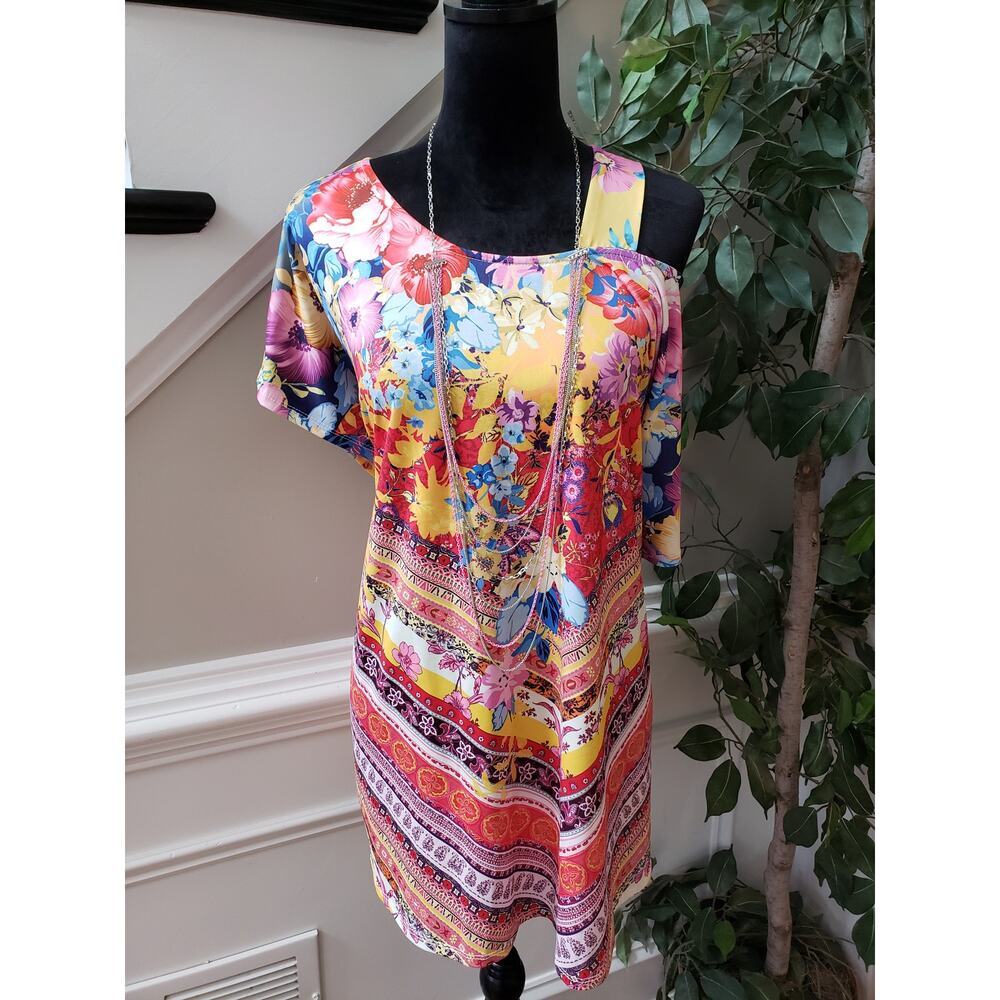 One World Top Blouse Womens 1X Multi Geo Print One Cold Shoulder Sleeve Pullover